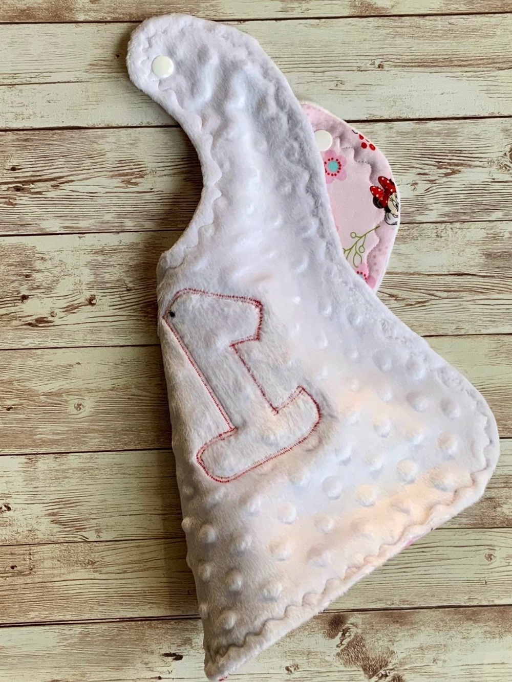 Pink Minnie Mouse First Birthday Pocketed Bib with Red '1' Applique - Picture 2 of 2
